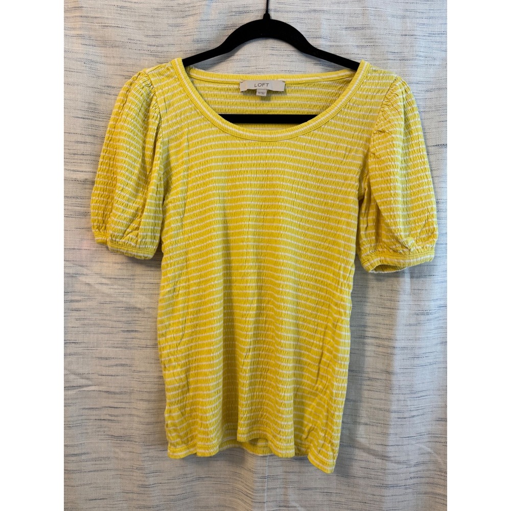 Loft Yellow White Striped Smocked Puff Sleeve Scoop Neck Top XS